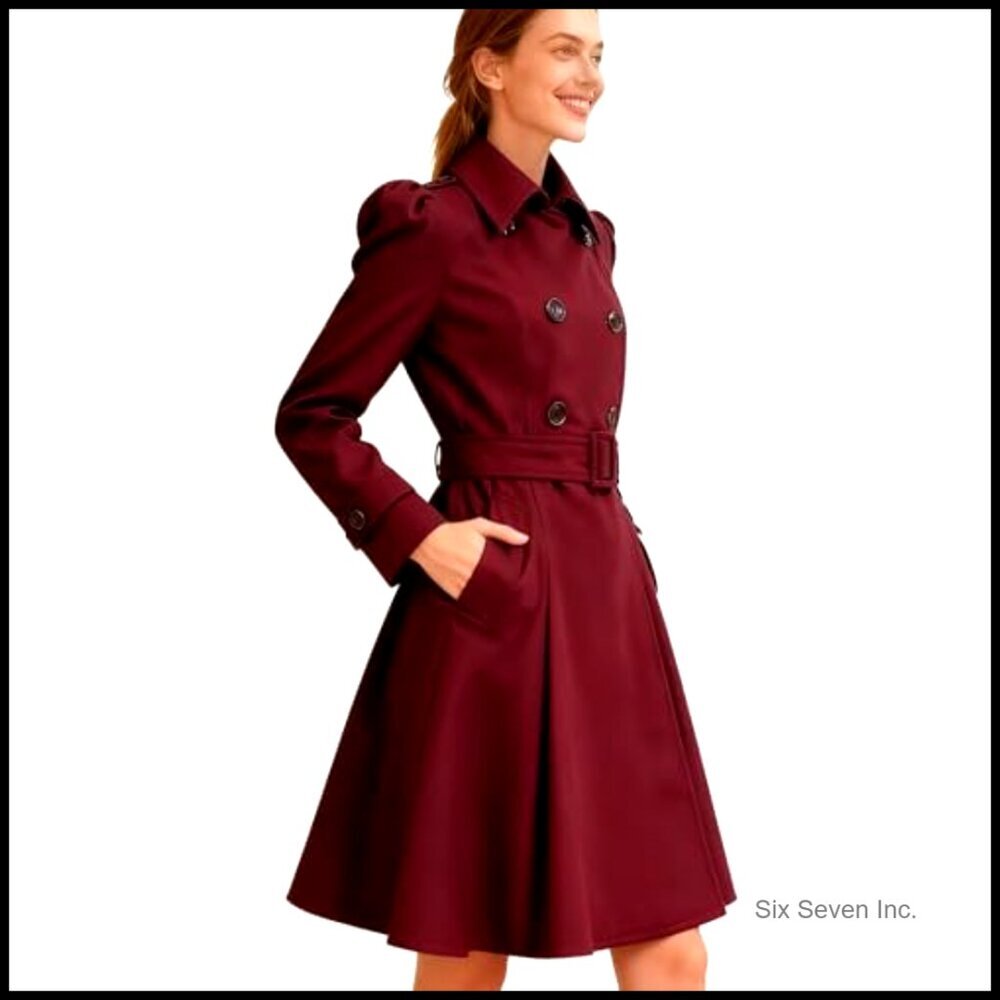 Wool Pea Coat with Belt, Double Breasted, Fitted Flared Overcoat for Winter - Picture 6 of 7
